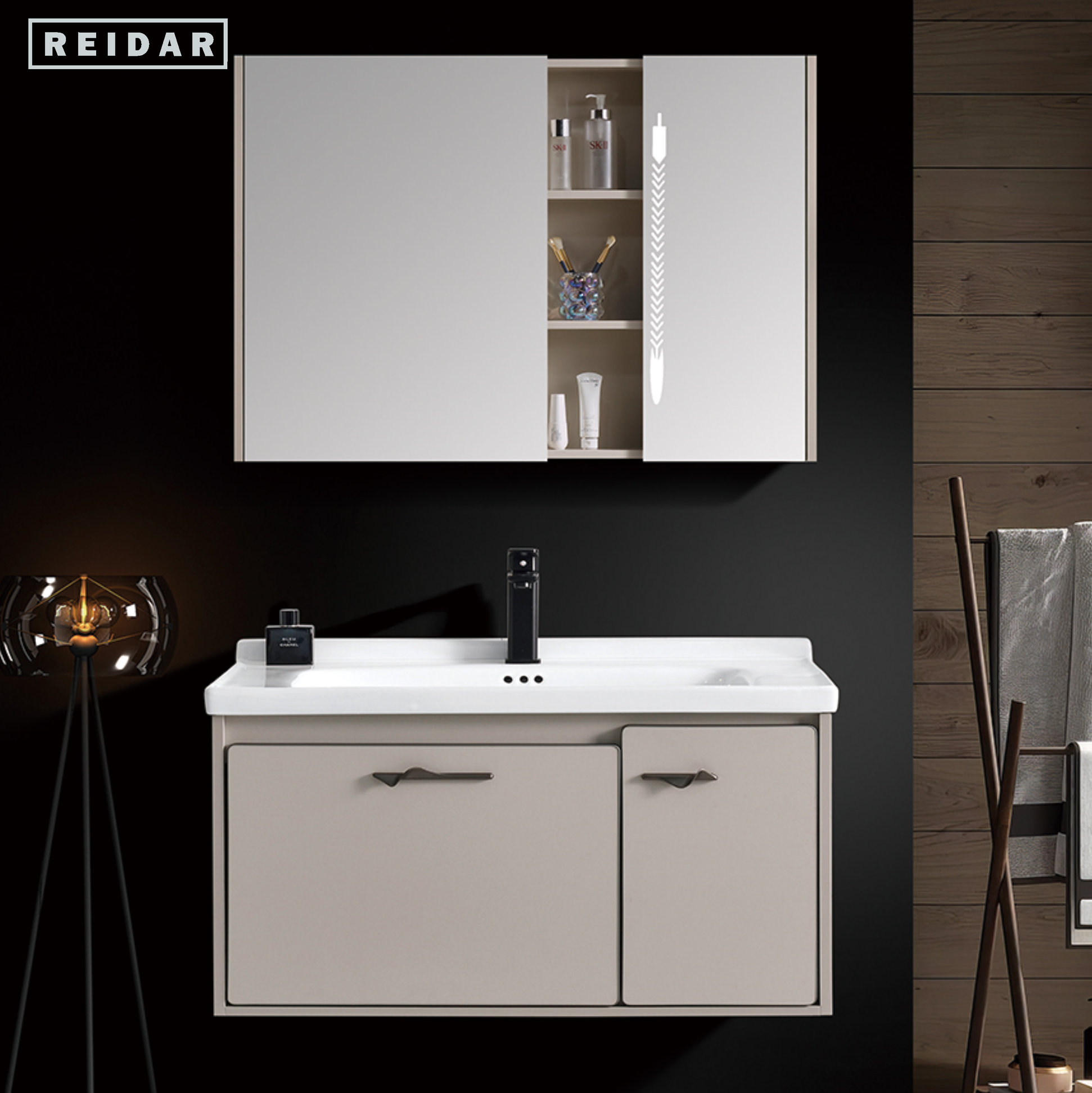 Light Luxury Plywood  Bathroom Cabinet Full Set Solid Wood Wall Mounted Single Basin Bathroom Vanity With Smart Mirror