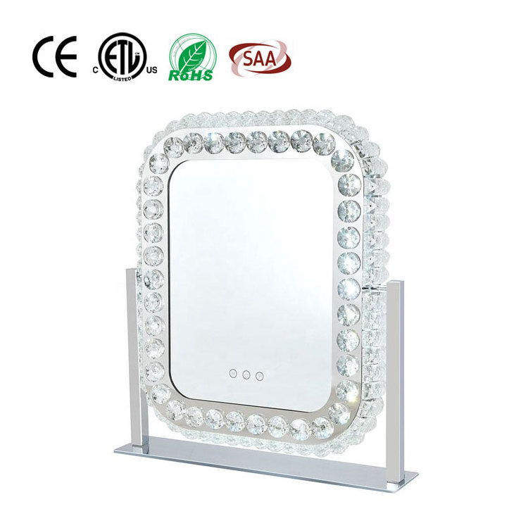 Tabletop 3 Color Lights LED Rectangle Glass Crushed Diamond Makeup Mirror