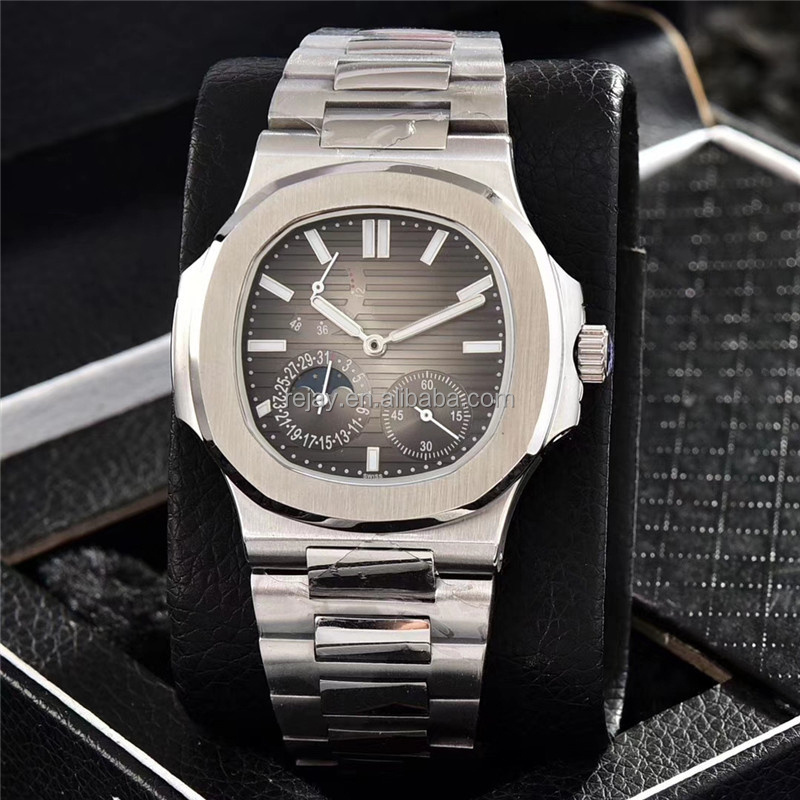 Luxury PP Watch 5712 Black Dial Automatic Mechanical Men's Watch Silver Stainless Steel Reserve Reloj Watches for Men