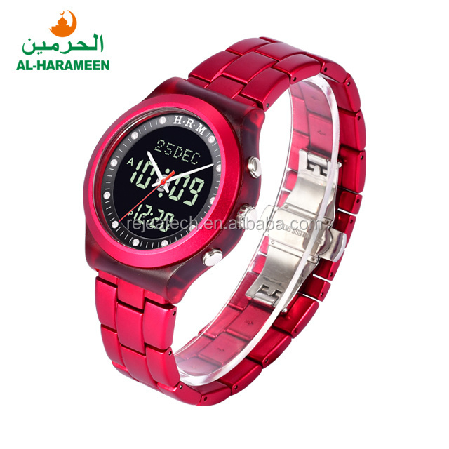 Rose Factory HA-6106 Stainless Steel Pink Metal Muslim Prayer Wrist Watch for Man AL HARAMEEN Islamic Azan Mosque Watch