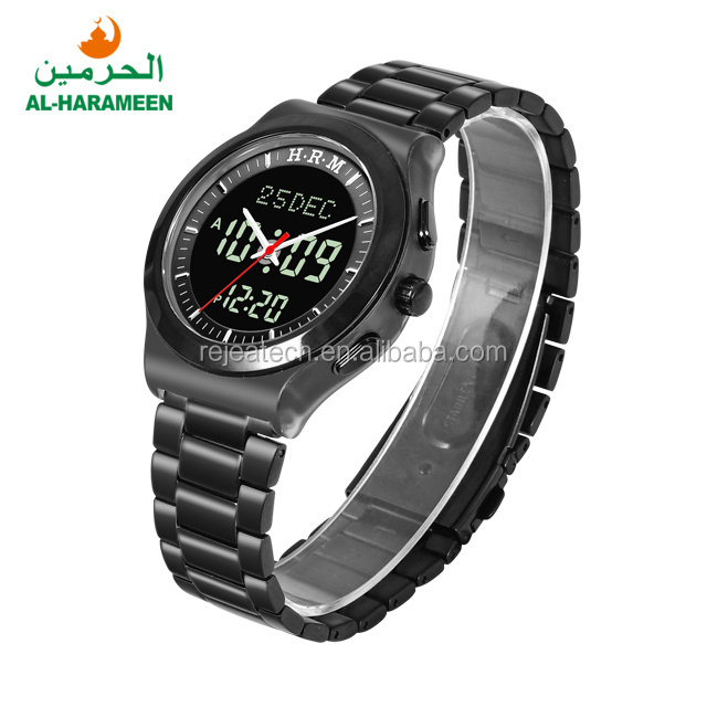 AL HARAMEEN HA-6106 Stainless Steel Metal Muslim Prayer Wrist Watch for Man Black Islamic Azan Mosque Watch