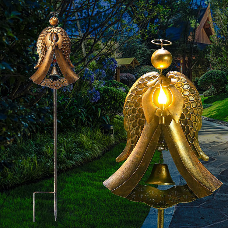 Factory Direct Outdoor IP65 Waterproof Outdoor Solar Outdoor Bronze Angel Bell Candle Prayer for Garden Lawn Patio Gifts