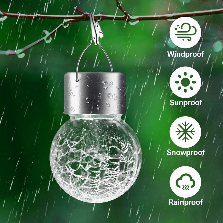 Warm White Waterproof  Hanging Solar Garden Lights Globe Lantern Cracked Glass Ball Lights for Yard Patio Fence Tree