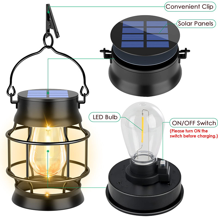 Solar Lantern Outdoor Metal Hanging Solar Lights for Waterproof Retro Design with Edison Bulb for Patio Porch Fence Garden Lawn