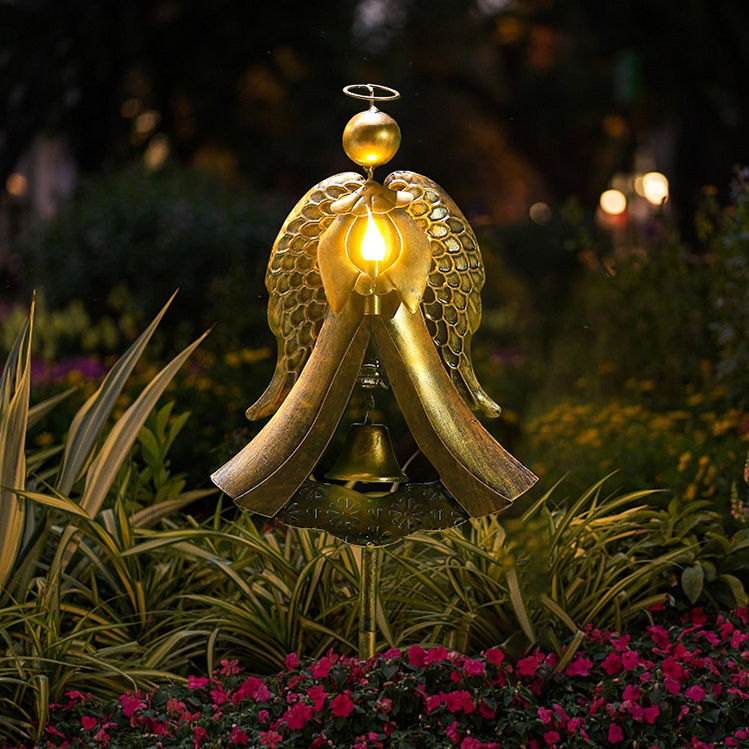 Factory Direct Outdoor IP65 Waterproof Outdoor Solar Outdoor Bronze Angel Bell Candle Prayer for Garden Lawn Patio Gifts