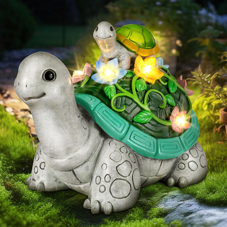 Garden Statue Turtle Solar Statue Garden Decor Clearance Cute Turtle Figurines with Baby & 7 LED Solar Light for Patio Yard Lawn