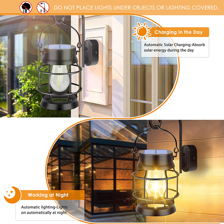 Solar Lantern Outdoor Metal Hanging Solar Lights for Waterproof Retro Design with Edison Bulb for Patio Porch Fence Garden Lawn