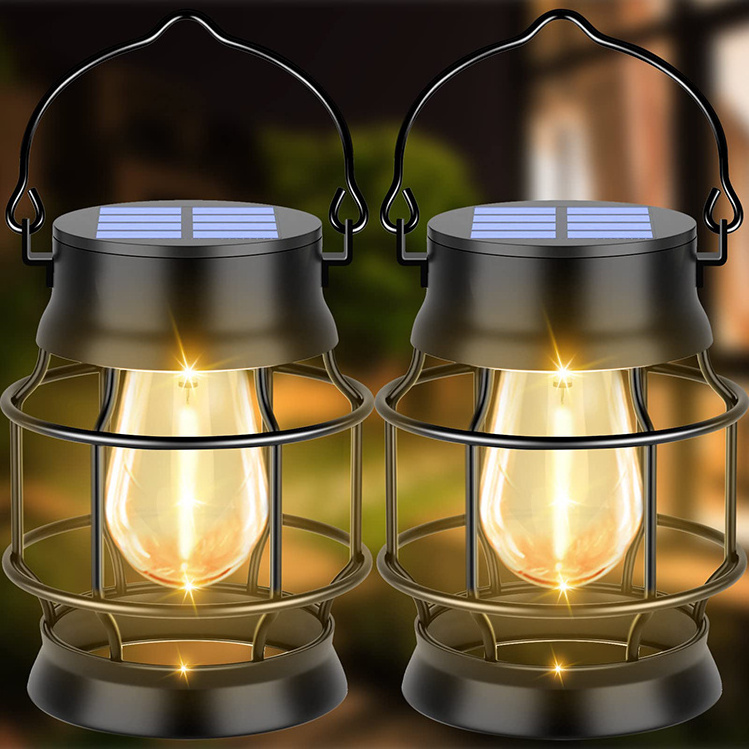 Solar Lantern Outdoor Metal Hanging Solar Lights for Waterproof Retro Design with Edison Bulb for Patio Porch Fence Garden Lawn