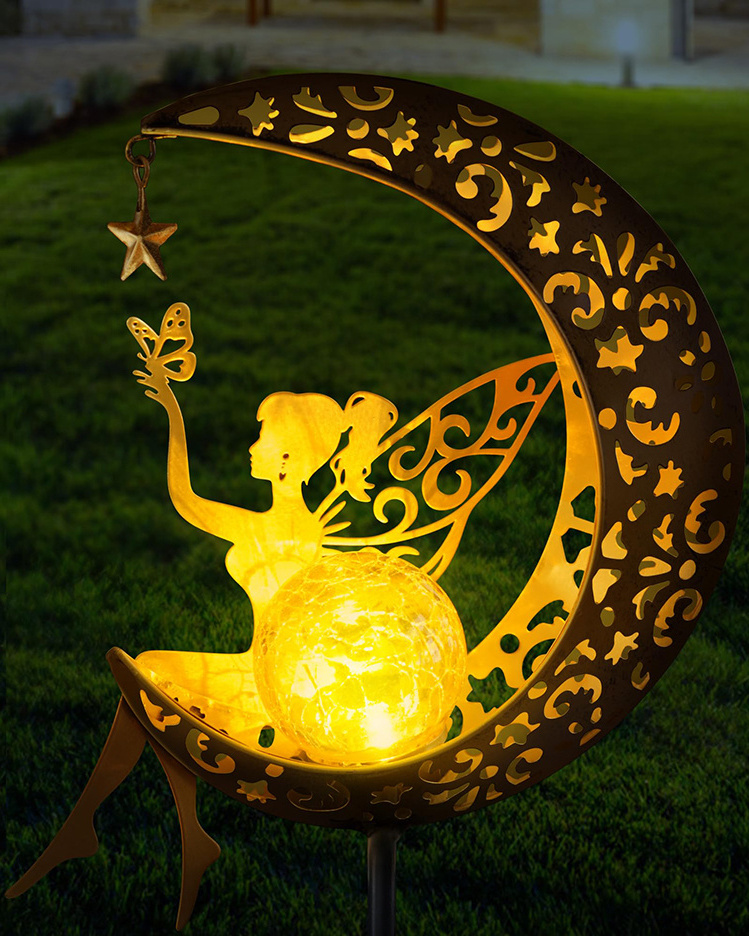 Solar Garden Statues Outdoor Decor Fairy Moon Figurine Light Unique Gift Stake Housewarming Ornament for Patio Lawn Yard Pathway