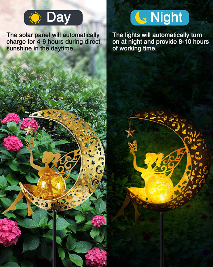 Solar Garden Statues Outdoor Decor Fairy Moon Figurine Light Unique Gift Stake Housewarming Ornament for Patio Lawn Yard Pathway