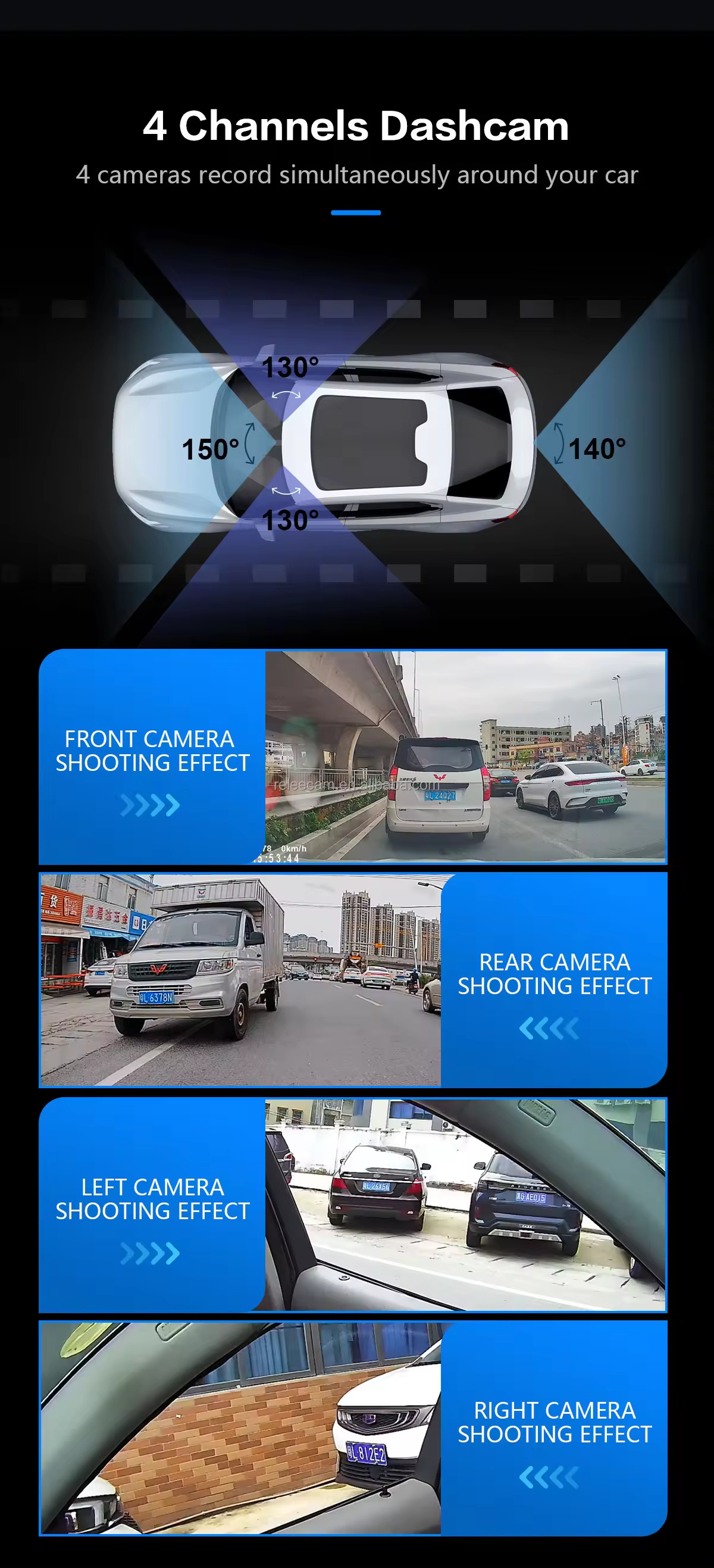 Relee 4-Channel 1080P Full HD Car DVR System Dual Lens Dash Cam with WiFi GPS Night Vision & 4 Camera Setup