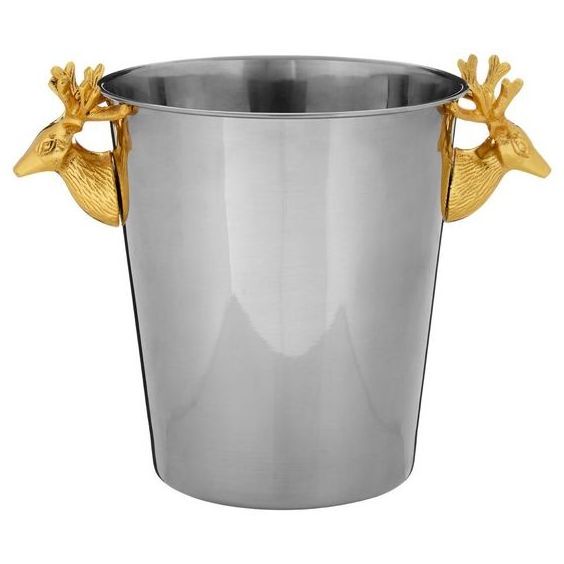 Silver Ice Bucket With Antler Deer Head Solid Aluminum Gold Handles Super Selling Unique Wine Cooler Pot Made IN India