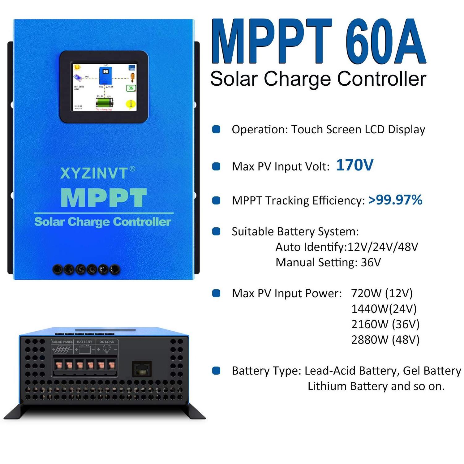 Cut-off Current 62A 720w-2880w 60A 18v/36v Mppt Solar Charge Controller Battery Charger Off Grid Dc Generator Solar System