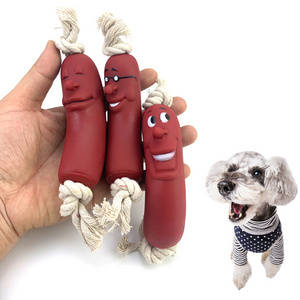 Red Rubber Sausage Cute Smiley Face Healthy Chewing Latex Dogs Bite Cotton Rope Toy For Small Medium Puppy Pet Supplies