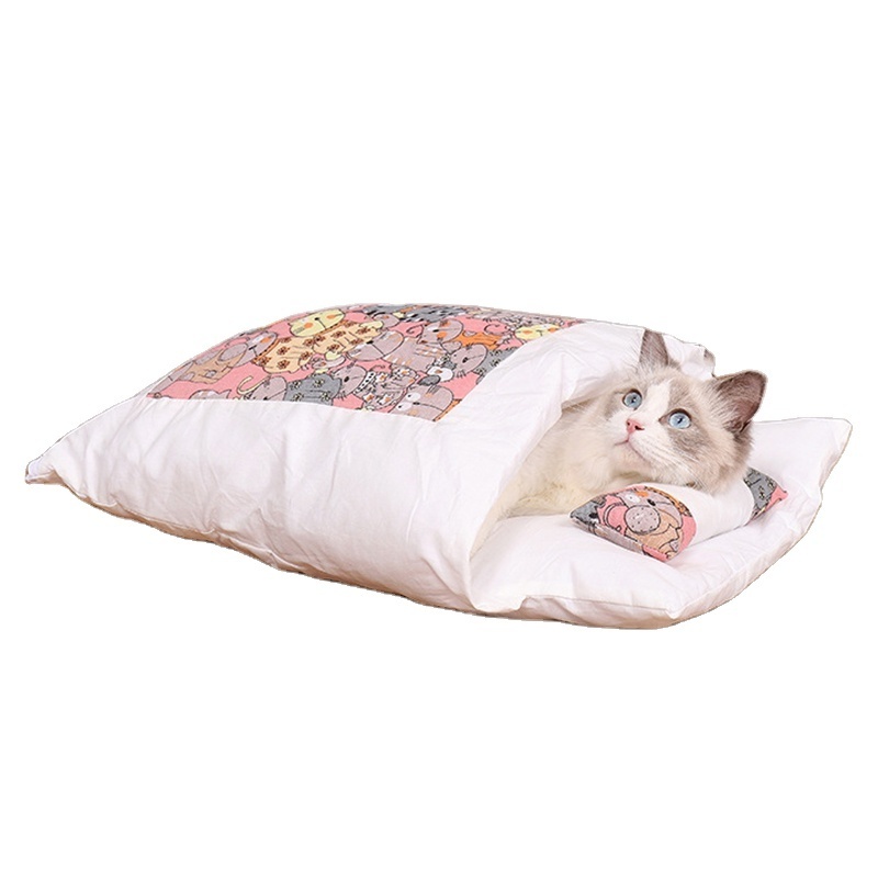 New design Cat Bed Warm Sleeping Soft Bag Deep Sleep Winter Removable for Pet Dog House Nest Cushion with pillow