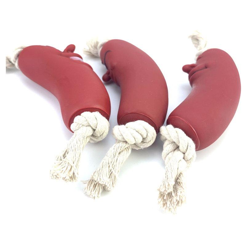 Red Rubber Sausage Cute Smiley Face Healthy Chewing Latex Dogs Bite Cotton Rope Toy For Small Medium Puppy Pet Supplies