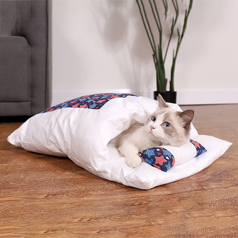 New design Cat Bed Warm Sleeping Soft Bag Deep Sleep Winter Removable for Pet Dog House Nest Cushion with pillow