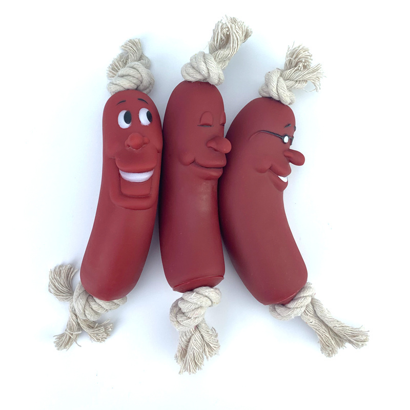 Red Rubber Sausage Cute Smiley Face Healthy Chewing Latex Dogs Bite Cotton Rope Toy For Small Medium Puppy Pet Supplies