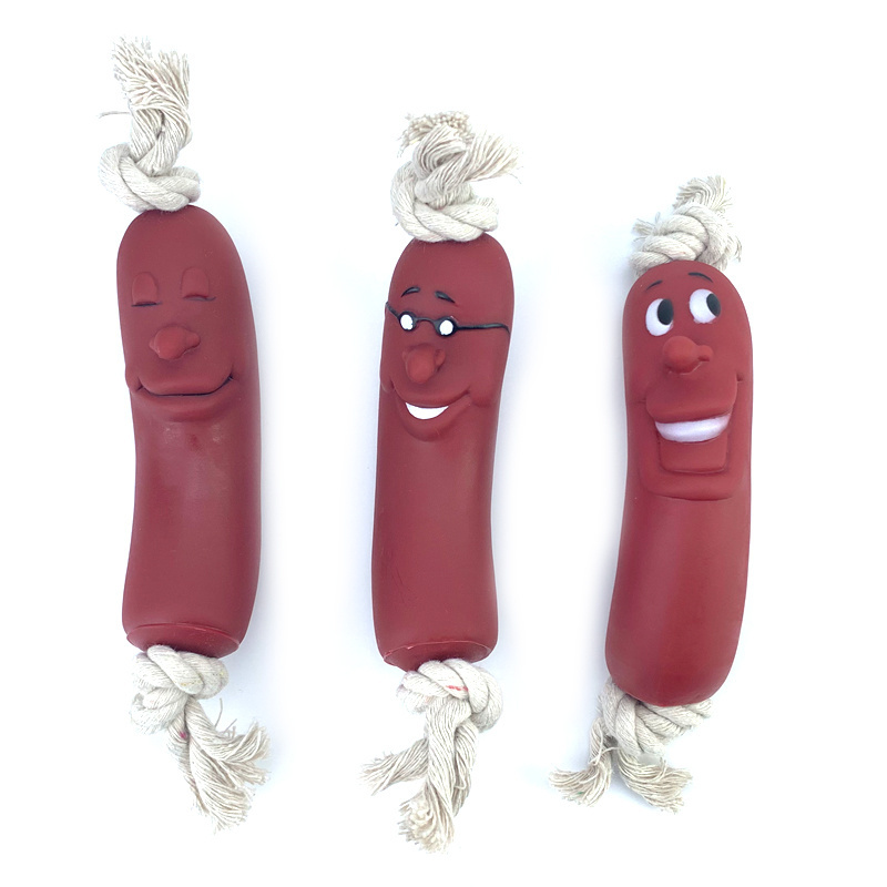 Red Rubber Sausage Cute Smiley Face Healthy Chewing Latex Dogs Bite Cotton Rope Toy For Small Medium Puppy Pet Supplies