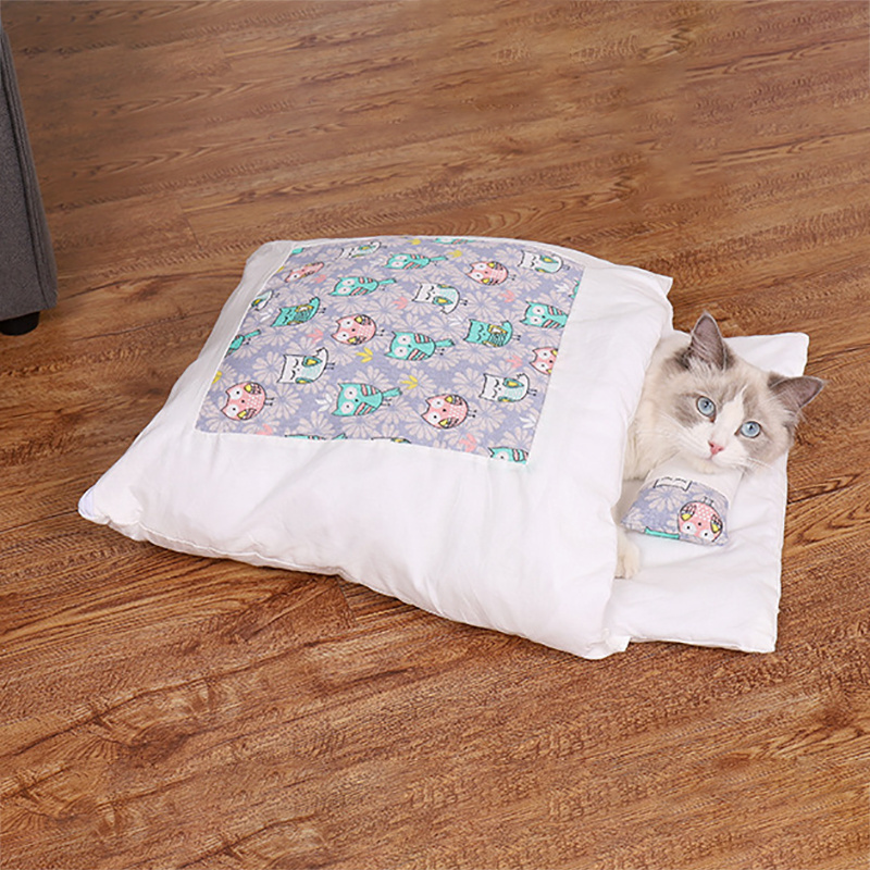 New design Cat Bed Warm Sleeping Soft Bag Deep Sleep Winter Removable for Pet Dog House Nest Cushion with pillow