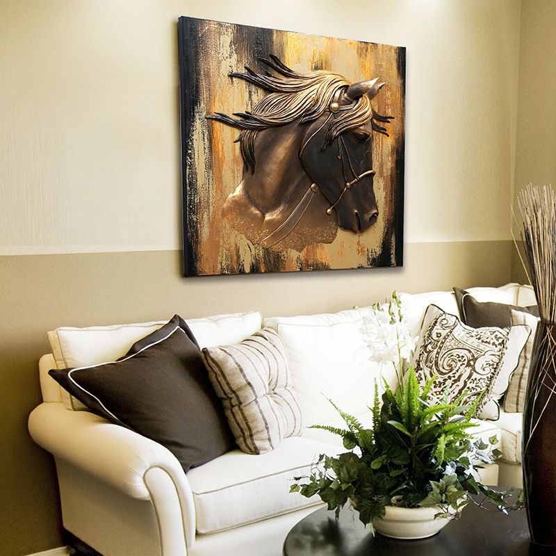 Abstract Posters Gold 3d Resin Horse Head Artwork Realistic Painting Hanging Canvas Wall Art