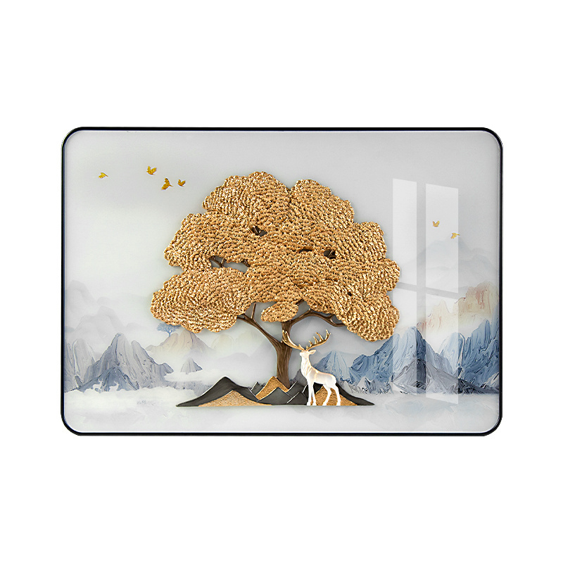 Art Yellow Tree Metal Decoration Items Modern Luxury Glass Wall Art For Living Room