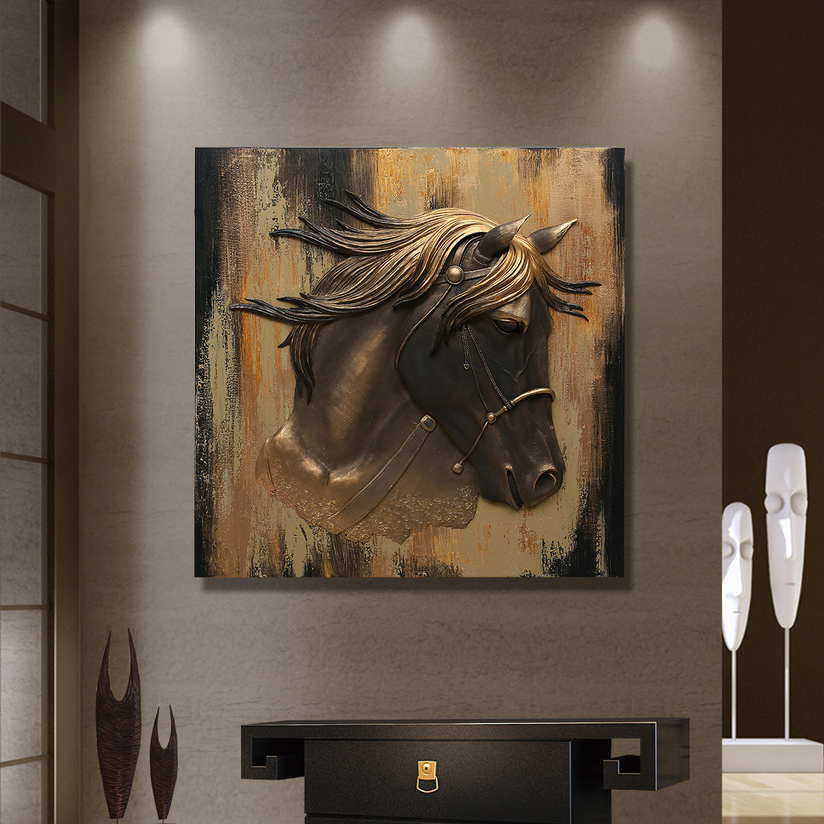 Abstract Posters Gold 3d Resin Horse Head Artwork Realistic Painting Hanging Canvas Wall Art