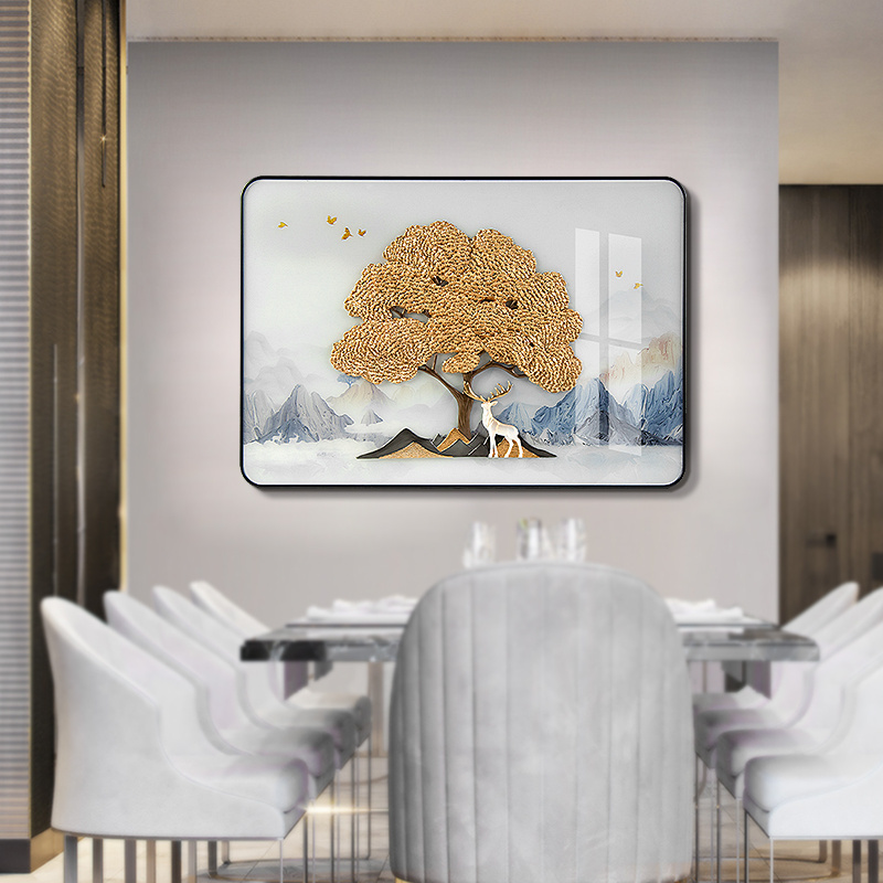 Art Yellow Tree Metal Decoration Items Modern Luxury Glass Wall Art For Living Room