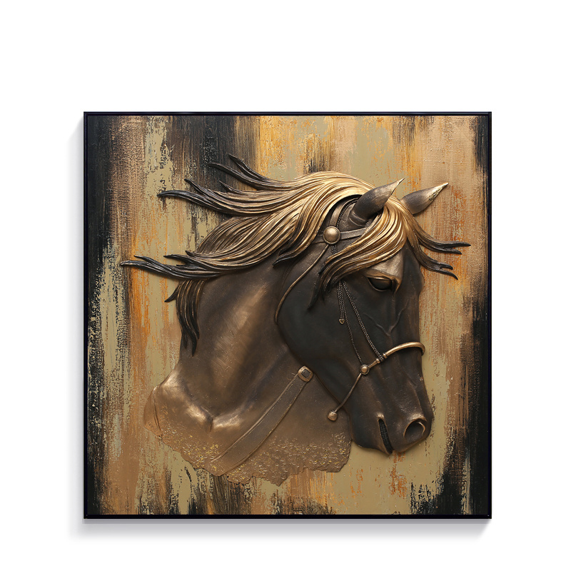 Abstract Posters Gold 3d Resin Horse Head Artwork Realistic Painting Hanging Canvas Wall Art