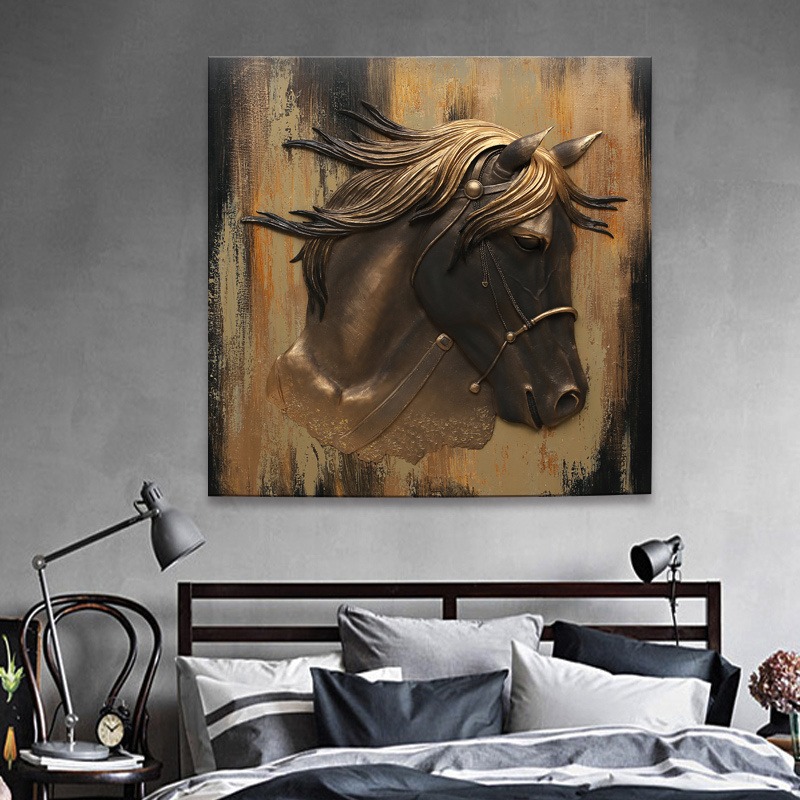 Abstract Posters Gold 3d Resin Horse Head Artwork Realistic Painting Hanging Canvas Wall Art