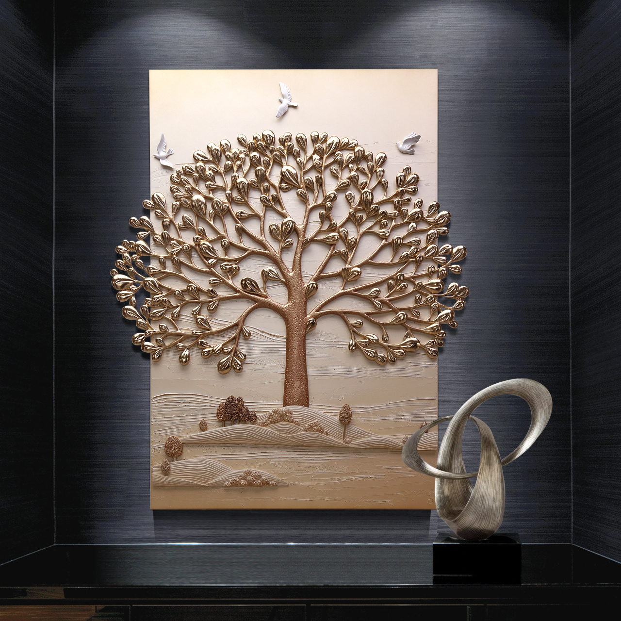 New Style Hot Sale Home Sofa Background Decor 3D Wall Art Golden Tree Painting For Living Room