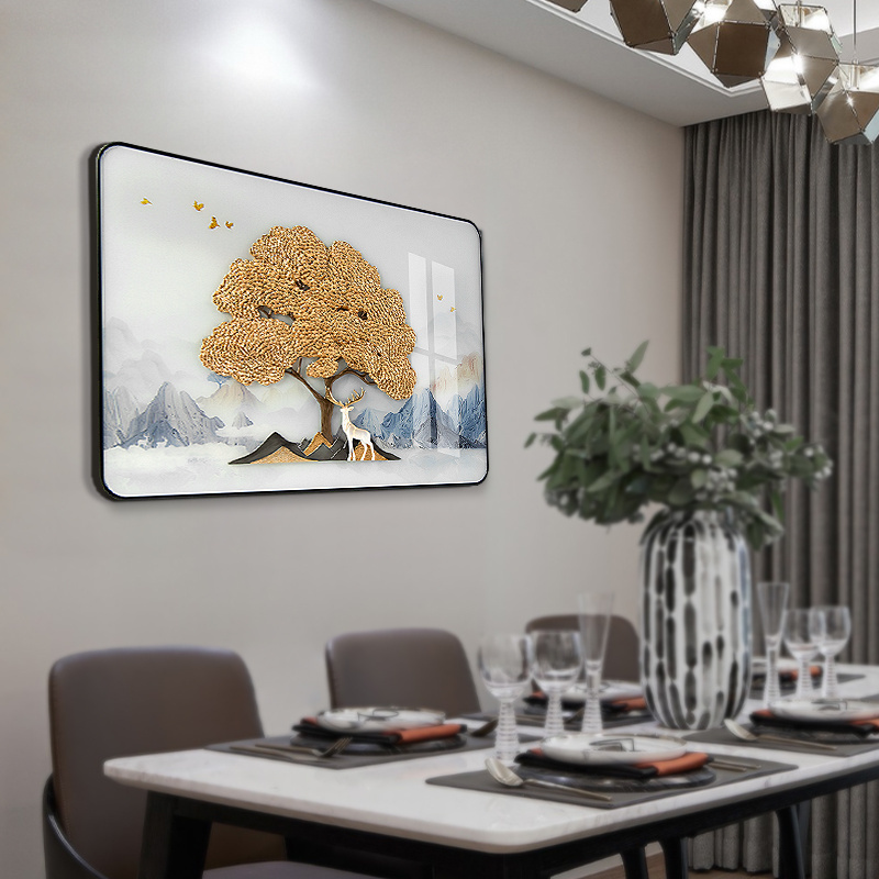 Art Yellow Tree Metal Decoration Items Modern Luxury Glass Wall Art For Living Room