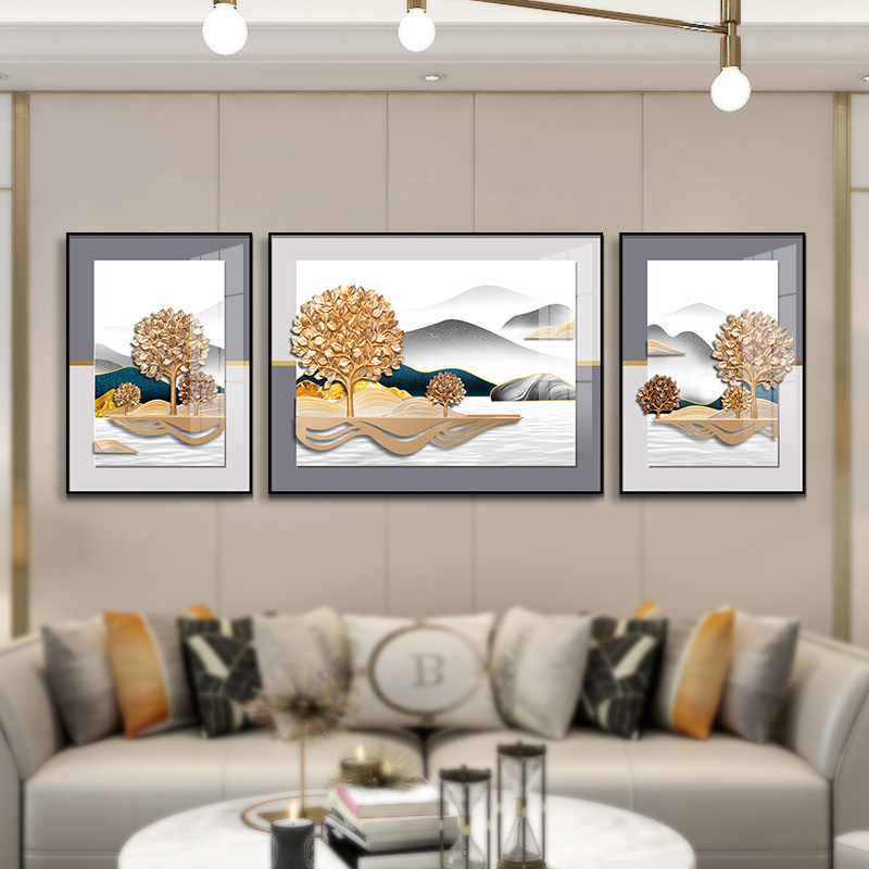 Large Size Modern Abstract Luxury 3d Gold Tree Landscape 3 Panels Painting Frames Wall Home Decoration Artwork Painting