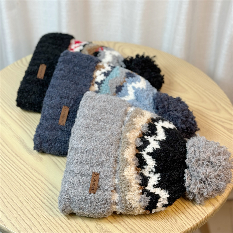 Alpaca Loop Yarn Jacquard Knitted Hat For Women In Autumn And Winter Fashion Warm And Thick Wool Ball And Ear Protection