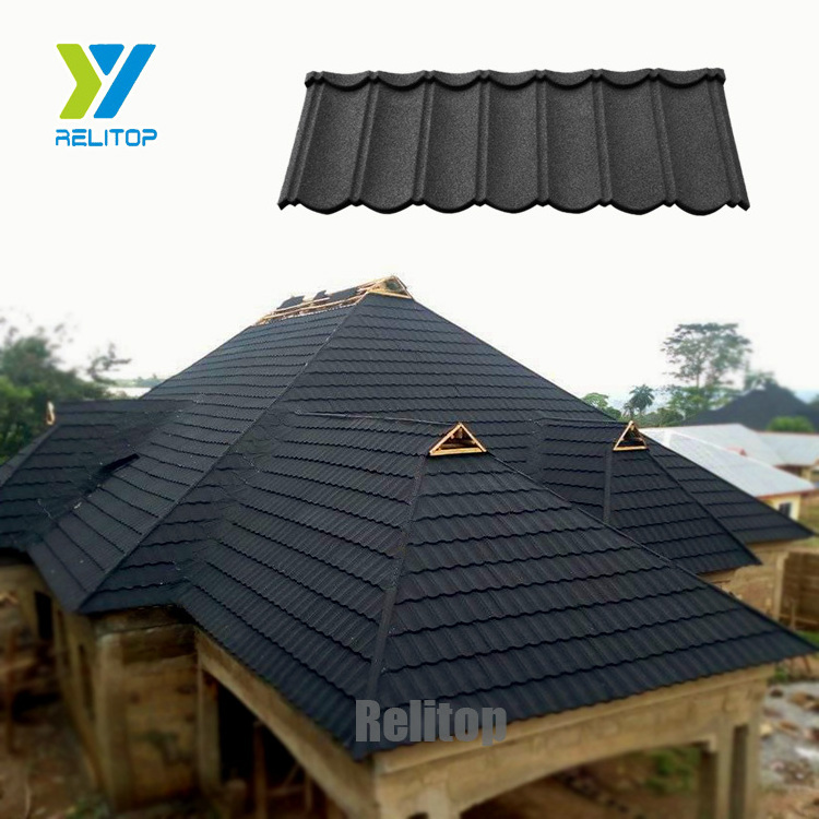 Relitop Stone Coated Steel Roof Tile Black Color Classic Style Roofing Sheet Seven Waves Stone Chips Step Tile