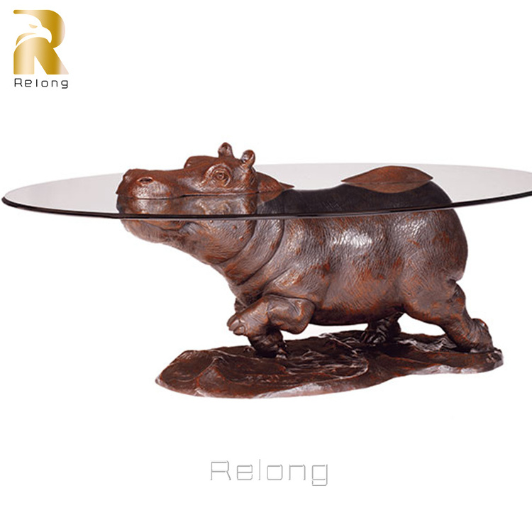 Life Size Modern Indoor Decor Bronze Sitting Hippo Sculpture Coffee Table