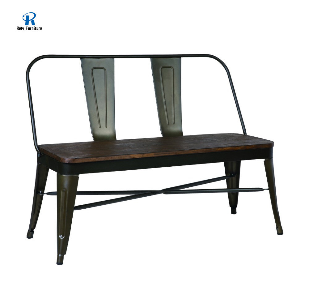 Industrial restaurant garden wholesale metal Indoor steel chair Long bench design with wood seat