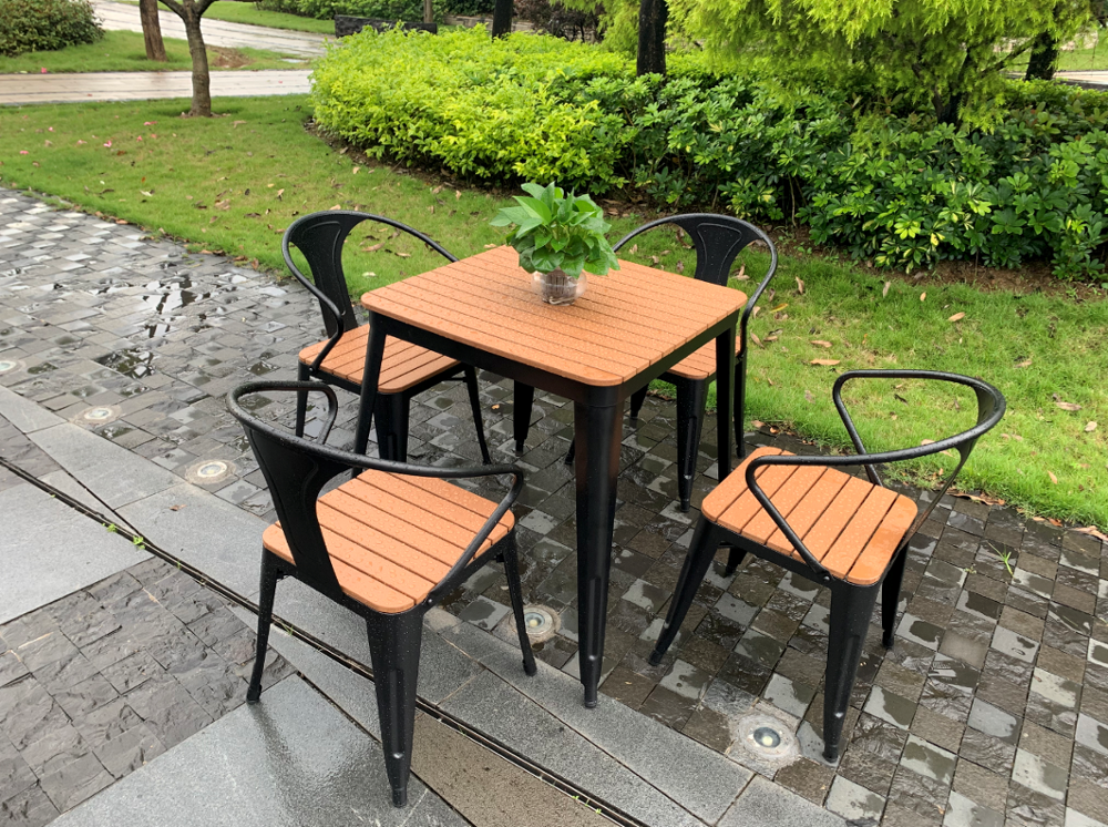 Combination outdoor cafe courtyard terrace leisure table and chairs Plastic wood outdoor table and chairs