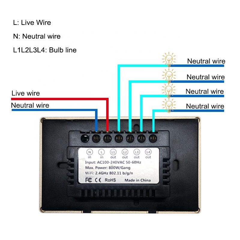 Metal frame 4 gang wall switches wifi smart switch