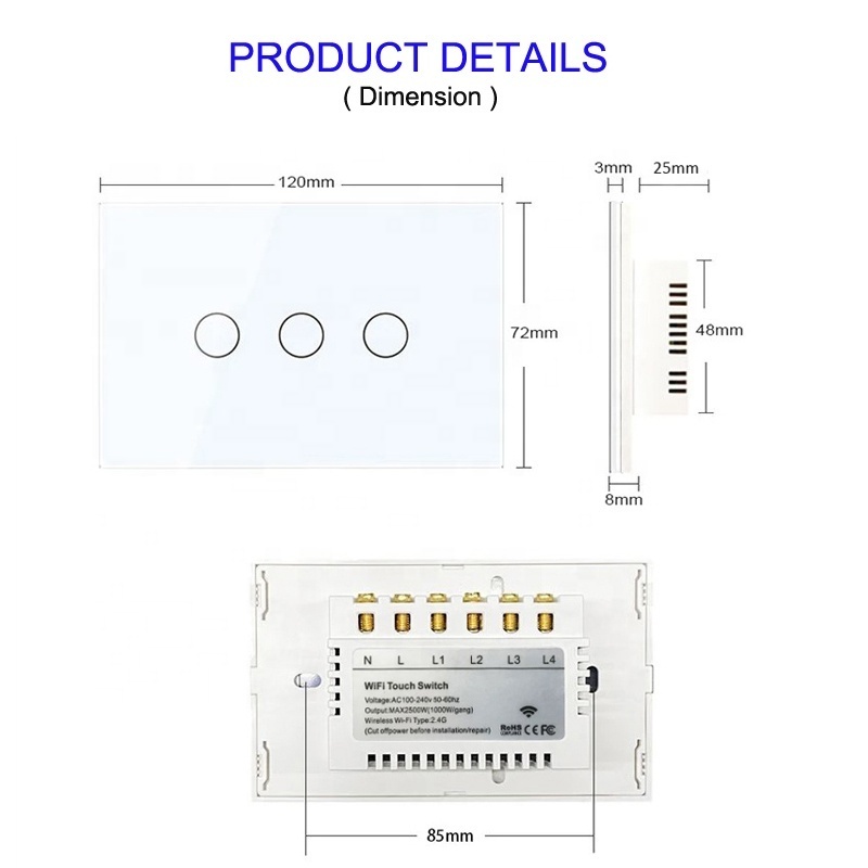 Rylike Luxury Glass Panel 4 Polos WiFi Touch Light Switch AU US Standard interruptor inteligente