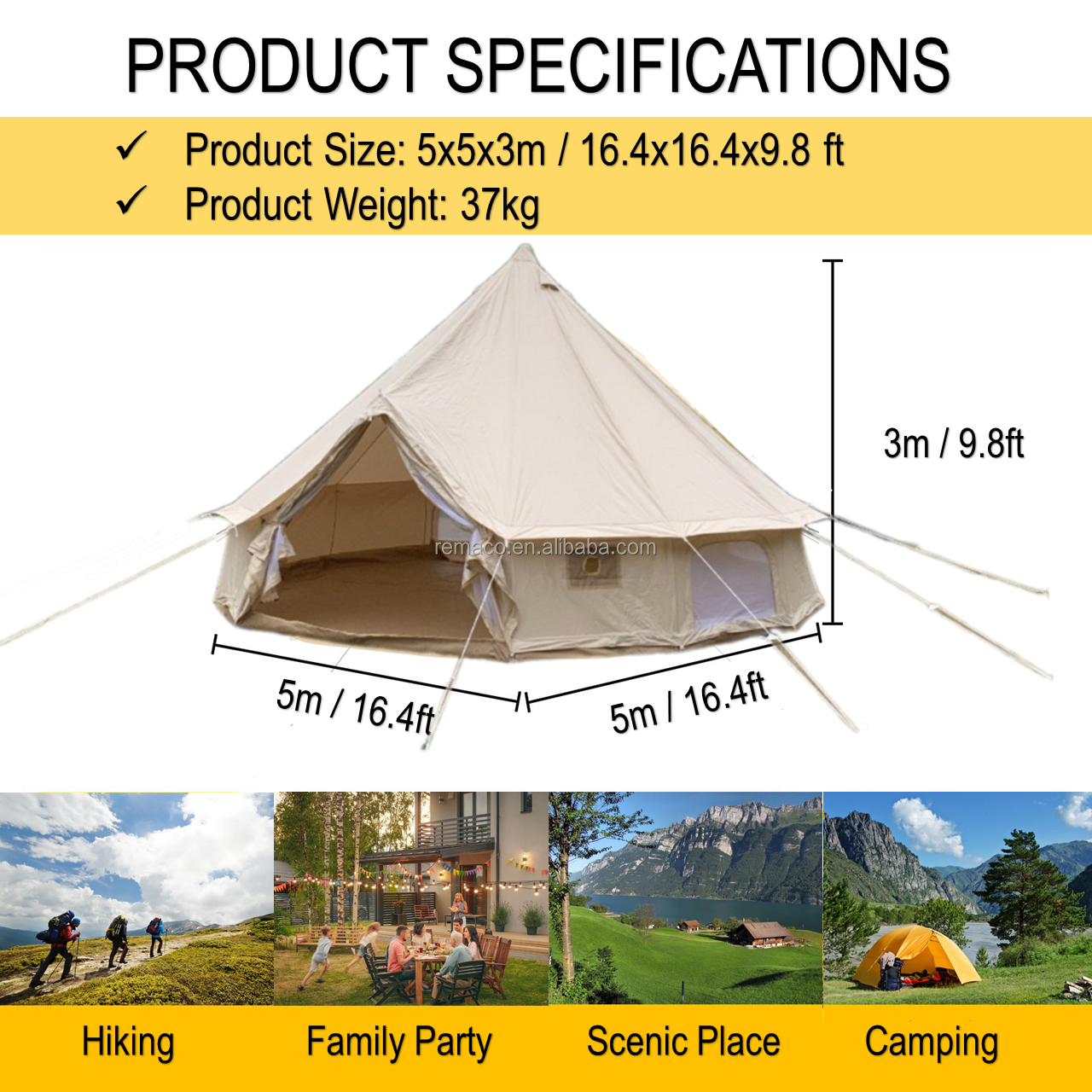 Remaco New Design 3M/4M/5M/6M Outdoor Camping Luxury Yurt Zelt Glamping 4 Season 5-12 Persons Family Canvas Cotton Bell Tent