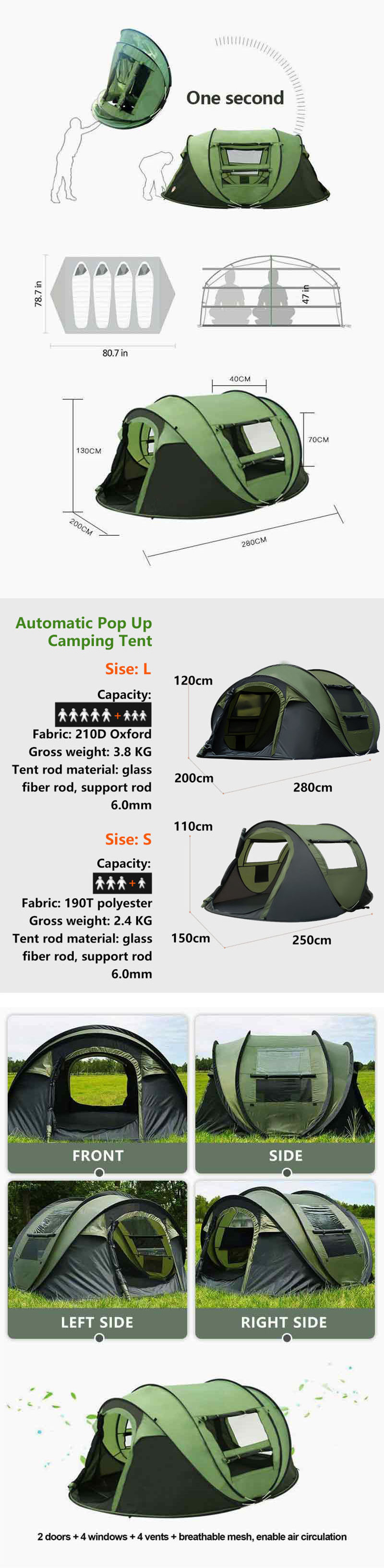 Hot Sales Small Waterproof Instant Open Outdoor Tents Automatic Pop Up Camping Tent 1-2 Persons