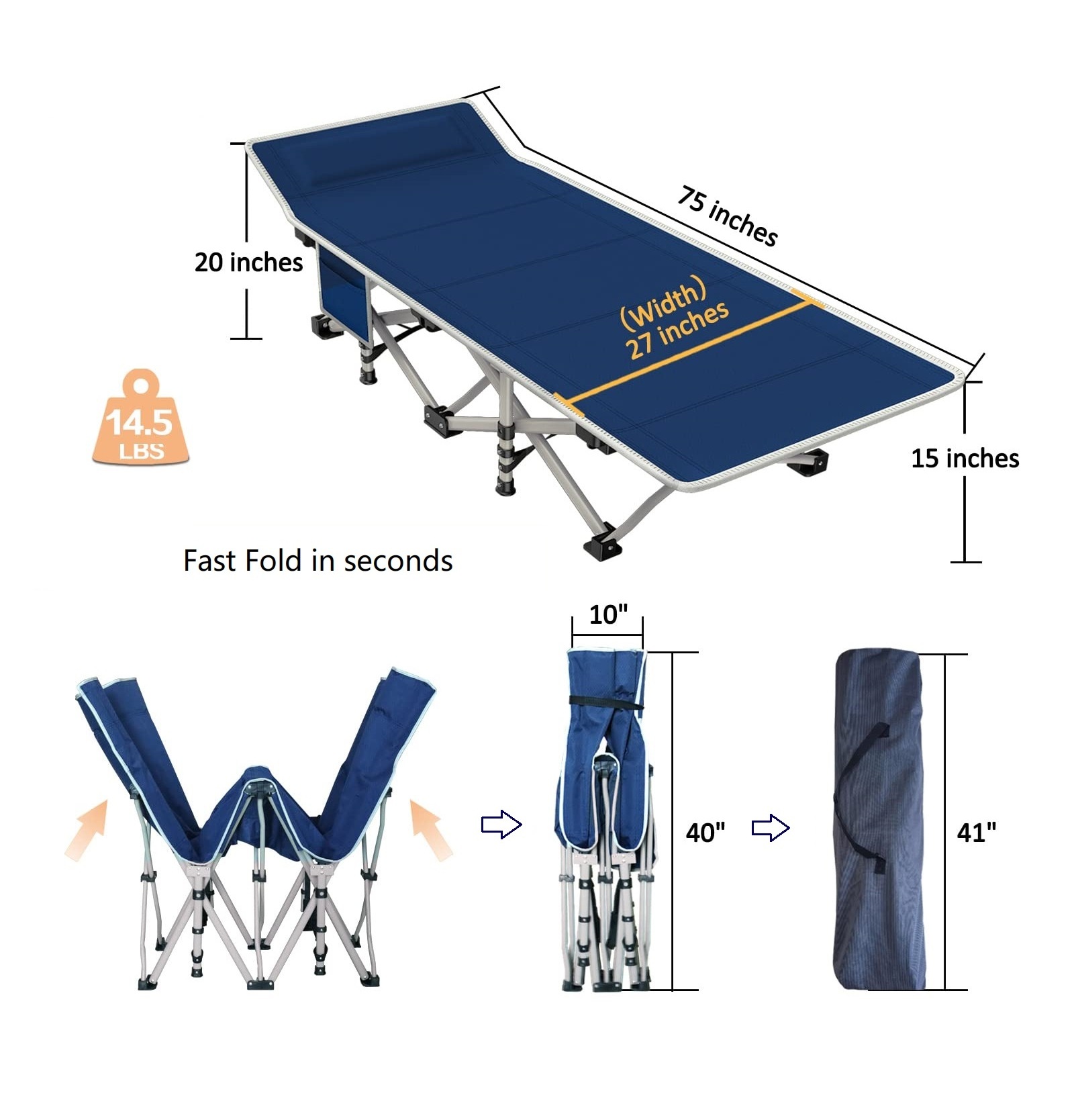 Wholesale Heavy Duty Camp Folding Camping Cot for Adults W/Carry Bag, Portable Sleeping Cot For Camp Office Use W/Pockets