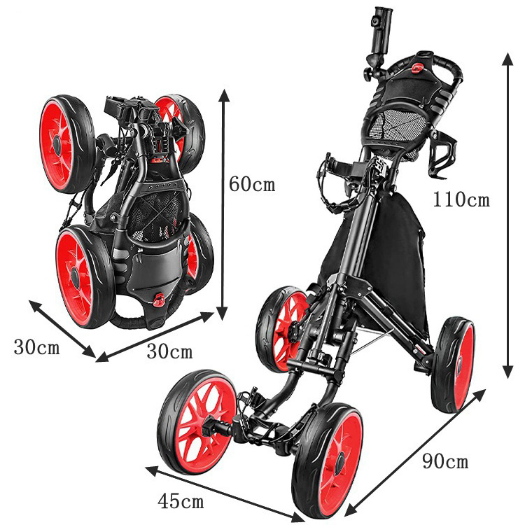 Folding Aluminum Alloy Golf Trolley 4 Wheels Golf Bag Pull Push Cart with Umbrella Cup Holder