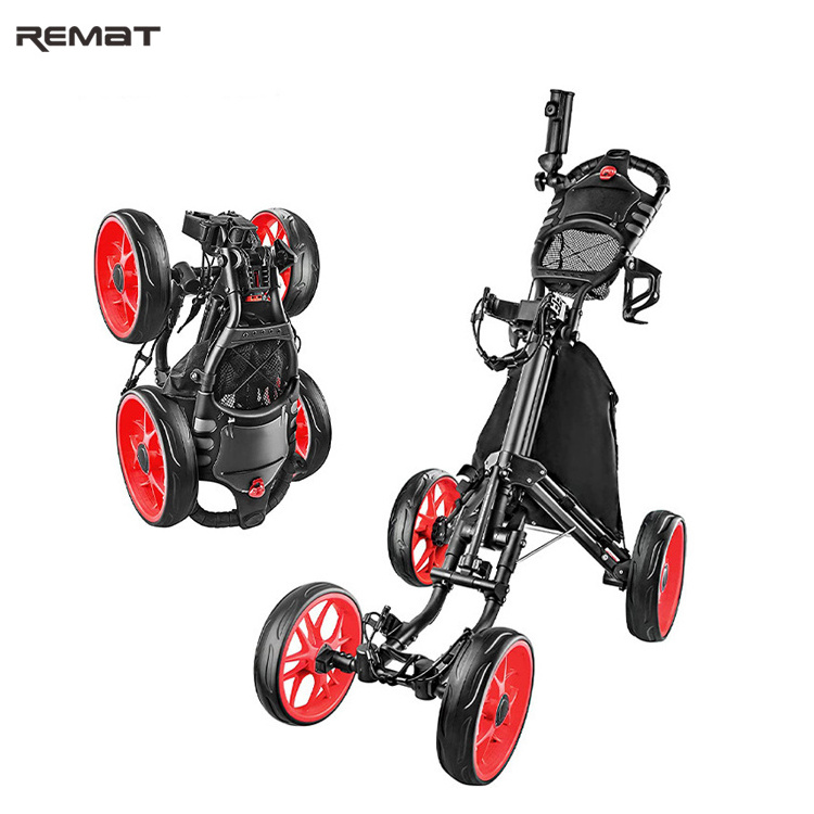 Folding Aluminum Alloy Golf Trolley 4 Wheels Golf Bag Pull Push Cart with Umbrella Cup Holder