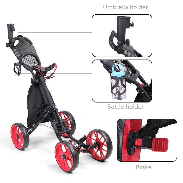 Folding Aluminum Alloy Golf Trolley 4 Wheels Golf Bag Pull Push Cart with Umbrella Cup Holder