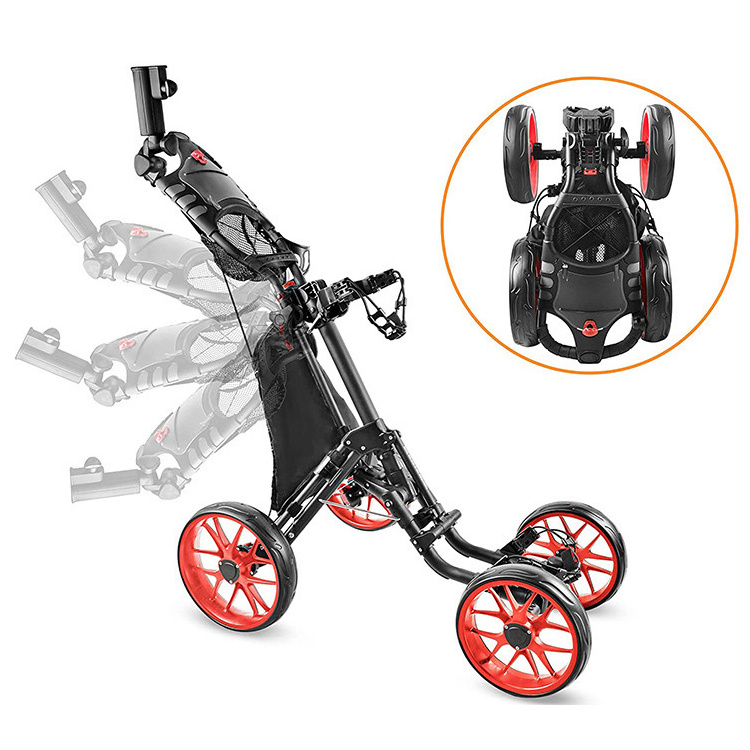 Folding Aluminum Alloy Golf Trolley 4 Wheels Golf Bag Pull Push Cart with Umbrella Cup Holder