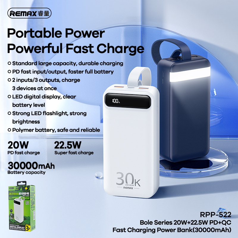 REMAX RPP-522 20W+22.5W PD+QC Powerbank 50000mah Portable Smart Multi-compatible Fast Charging Power Bank 30000mah