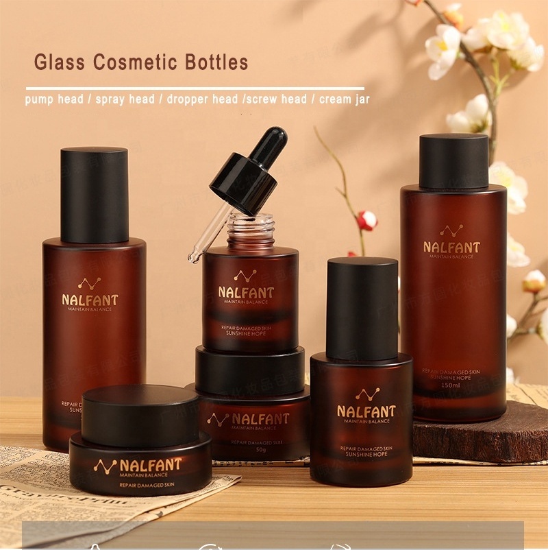 Empty cosmetics packing frosted amber glass jar 30g 50g skincare lotion bottle pump glass cream essence packaging bottle set