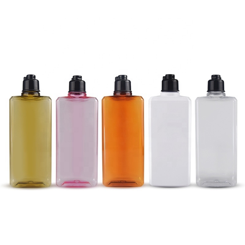 New flat square plastic shampoo bottle with flip cap 300ml body wash pet bottle with screw cap